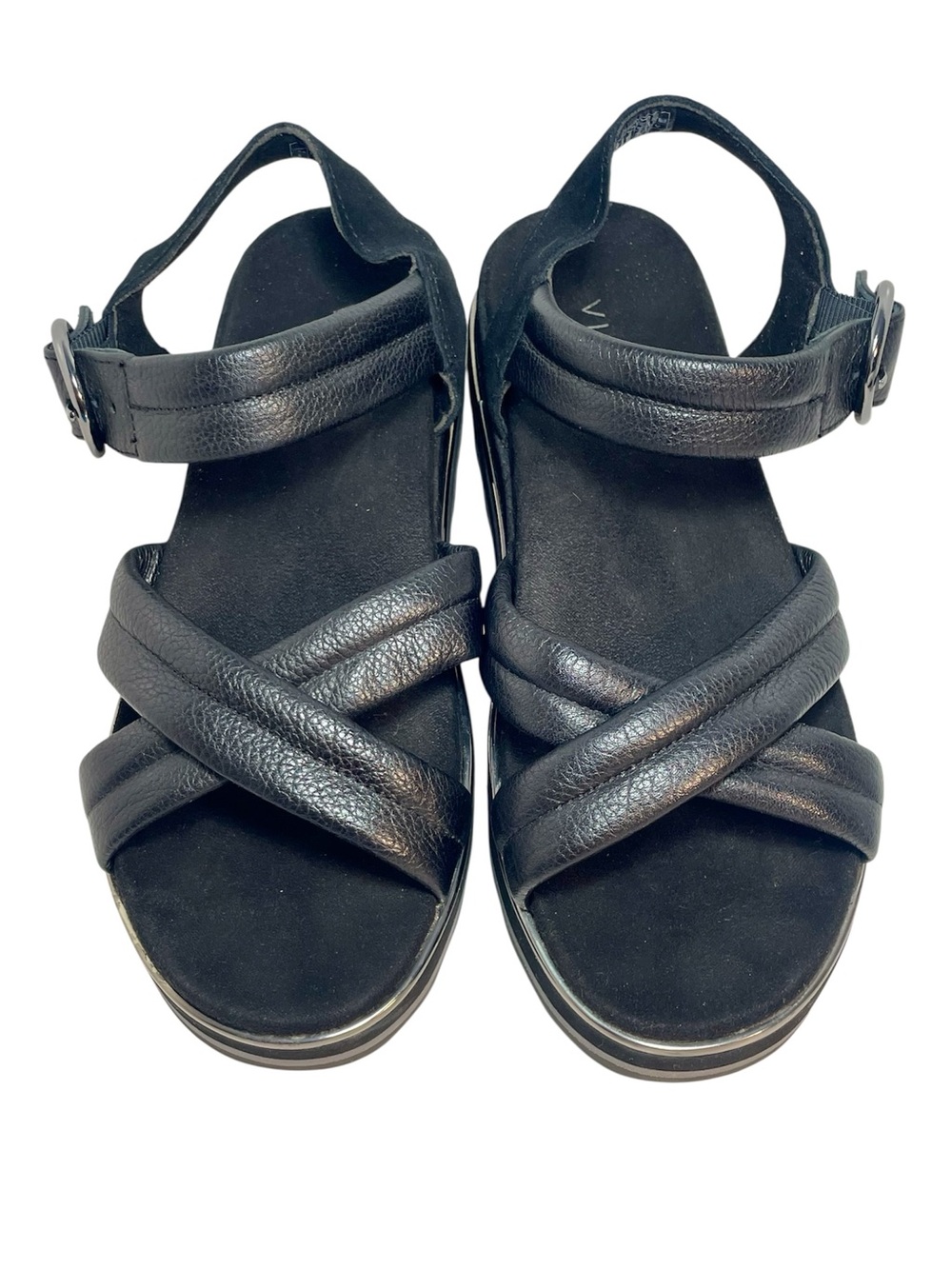 Vionic Reyna Crisscross Ankle Strap Flatform Black Leather Sandals Size 8 EUC